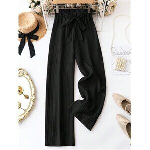 Ladies' Solid Colored Textured Paper Bag Waist Long Pants
